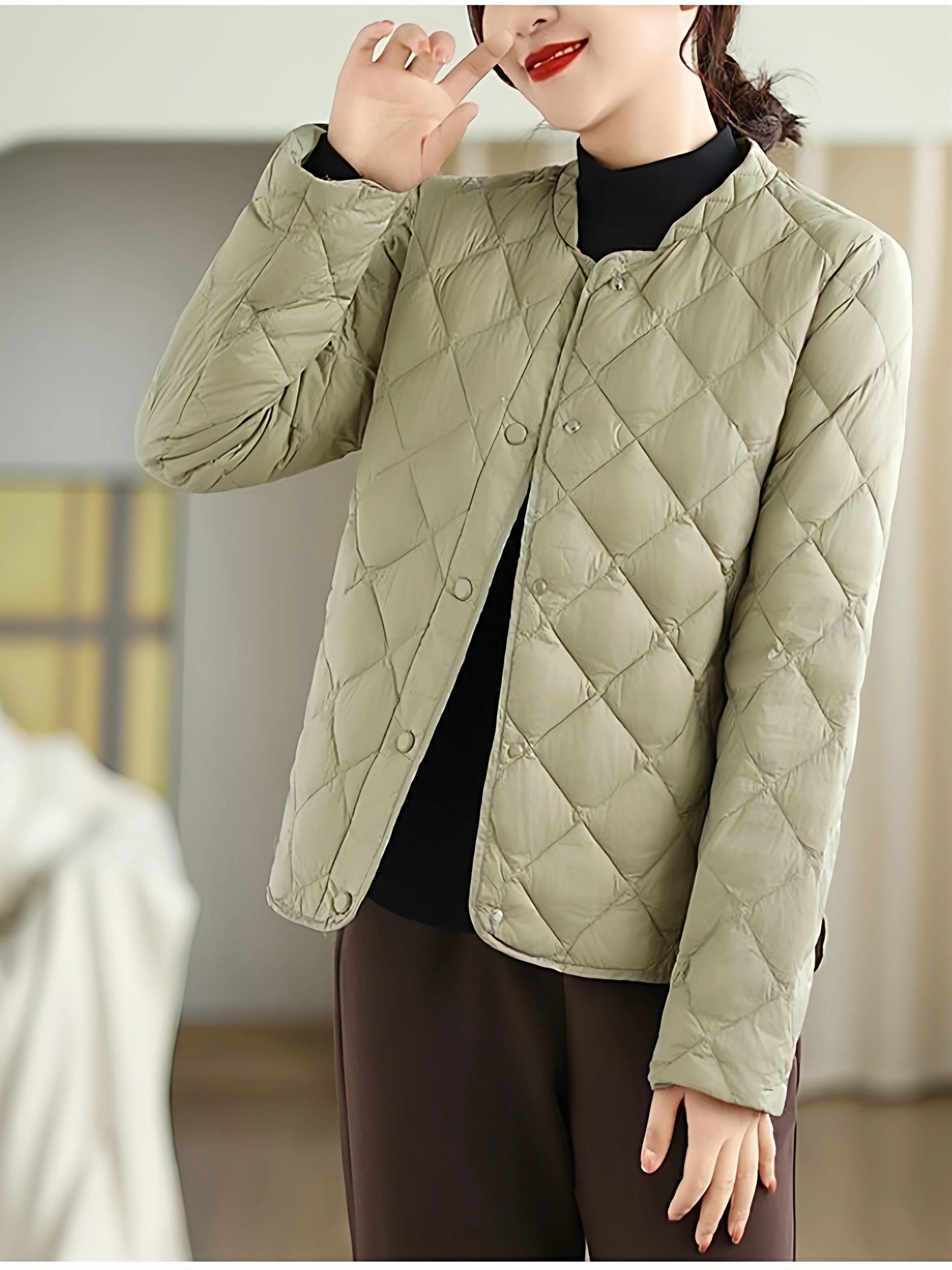 Lightweight Short Cotton Jacket Women's Loose Casual Style No Collar Diamond Pattern Autumn Winter Outerwear for Small Figures