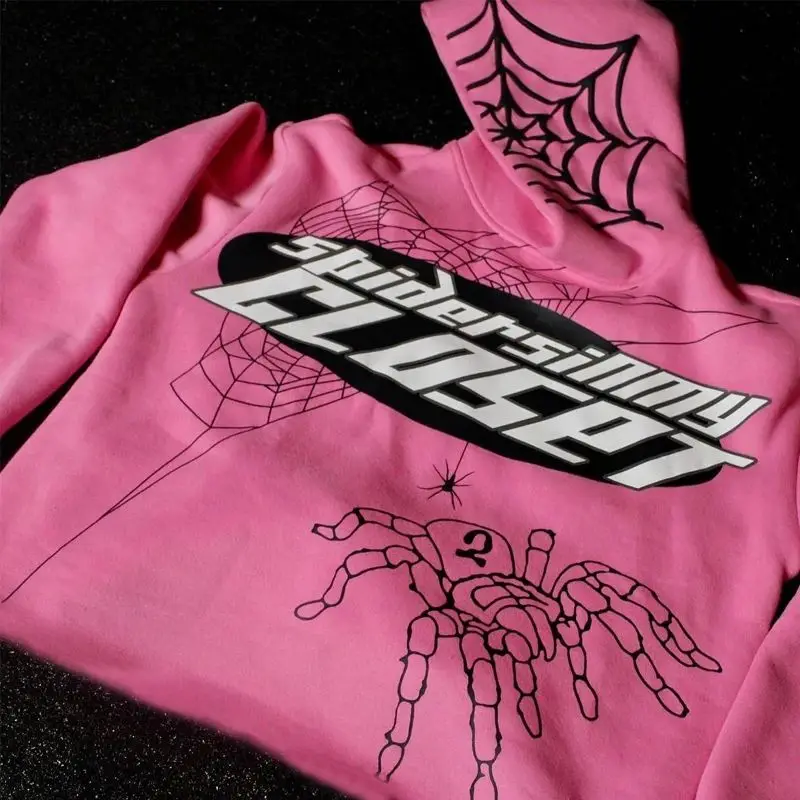 Pink Hoodie Spider Web Printed Extra Large Long sleeved Hoodie Harajuku Hip Hop Fashion Sweatshirt Pullover Y2k Clothing