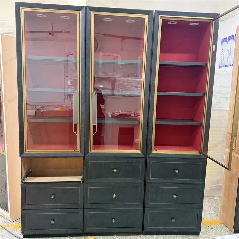 custom.Luxury Tall Black Wood Gold Frame Red Velvet LED High End Jewelry Display Cases Retail Boutique Shangyuan Factory - view 2