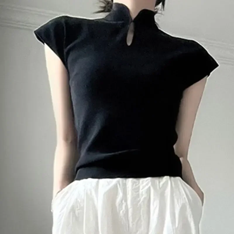

Y2k Black Graphic T Shirts Ropa Mujer Grunge Slim Fit Cotton Short Sleeve T-shirt Stand Neck Flying Cheongsam Crop Tops