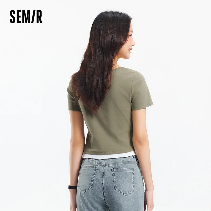 Semir Short Sleeve T-Shirt Women Cropped Fake Two-Piece Versatile 2025 New Summer Slim Fit U Neck Top Slimming for Chic Style image 3
