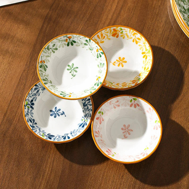 Platos de condimentos de cerámica 4/8 (flor de las cuatro estaciones). Para salsa de soja/vinagre/especias. Cocina casera, barra de sushi, olla caliente, camping