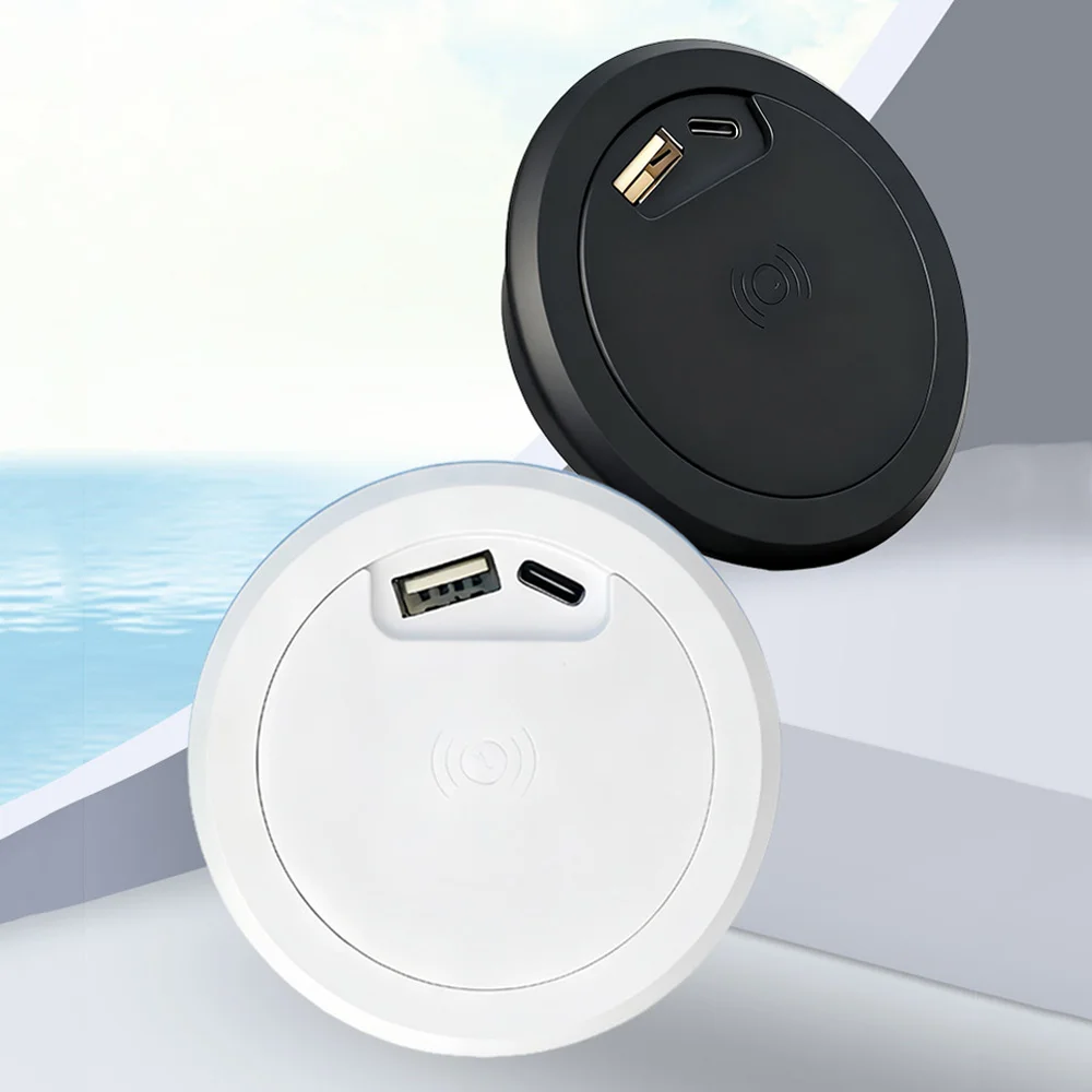 15W Wireless Charge Connector USB+Type-C Quick Charge Connector Built in Desktop Device Round Hole 60mm Circular Embedded Adapte