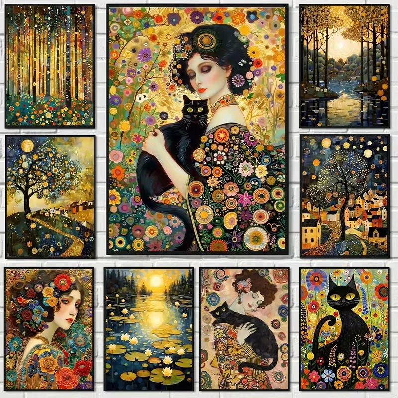Vintage Gustav Klimt-Stil Diamantmalerei mit Frau und Katze bei Nacht, Mond, Sternen und Baum für Heimdekoration, 5D Vollbohr-Leinwandkunst