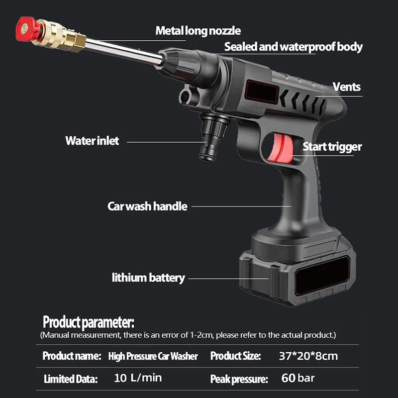 20000mAh Car Wash Gun Washer 60Bar Spray Nozzle High Pressure Cleaner for Auto Home Garden Cleaning Car Washing Machine