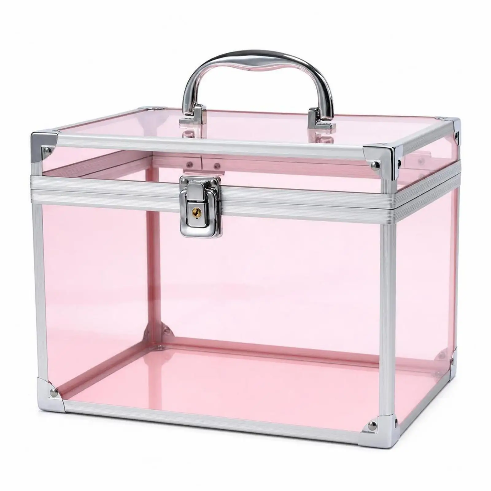 Metal Frame Acrylic Makeup Case with Lockable Clasp Clear Cosmetic Suitcase Portable Organizer for Vanity Desk Beauty Storage