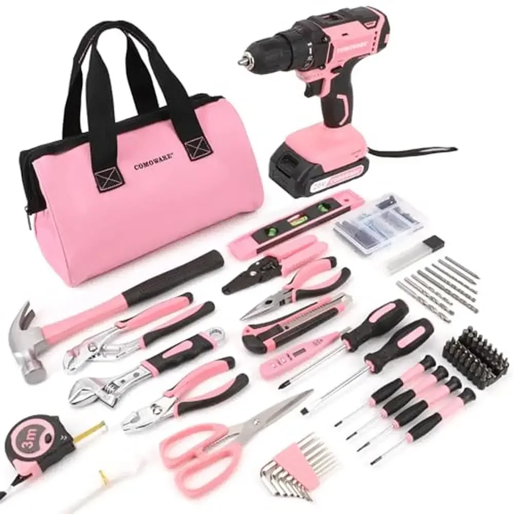 171Pcs Pink Women's Home Repair Tool Kit with 20V Drill Cordless Power Drill Set DIY Projects Hammer Wrench Bits High-Strength