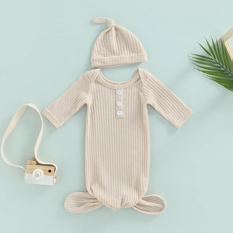 

Newborn Baby Waffle Knit 2Pcs Outfits Swaddle Infant Round Neck Long Sleeve Loose Hem Blanket Wrap Rompers + Hat Set