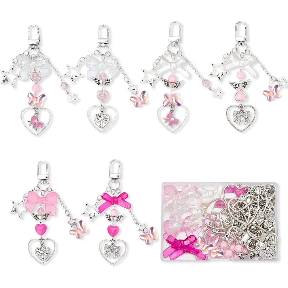 1 Box 171Pcs Keychains Making Kit Bowknot Heart Charms Love Romantic Bowknot Beads Key Chain Pink Beads Acrylic Glass Spacers