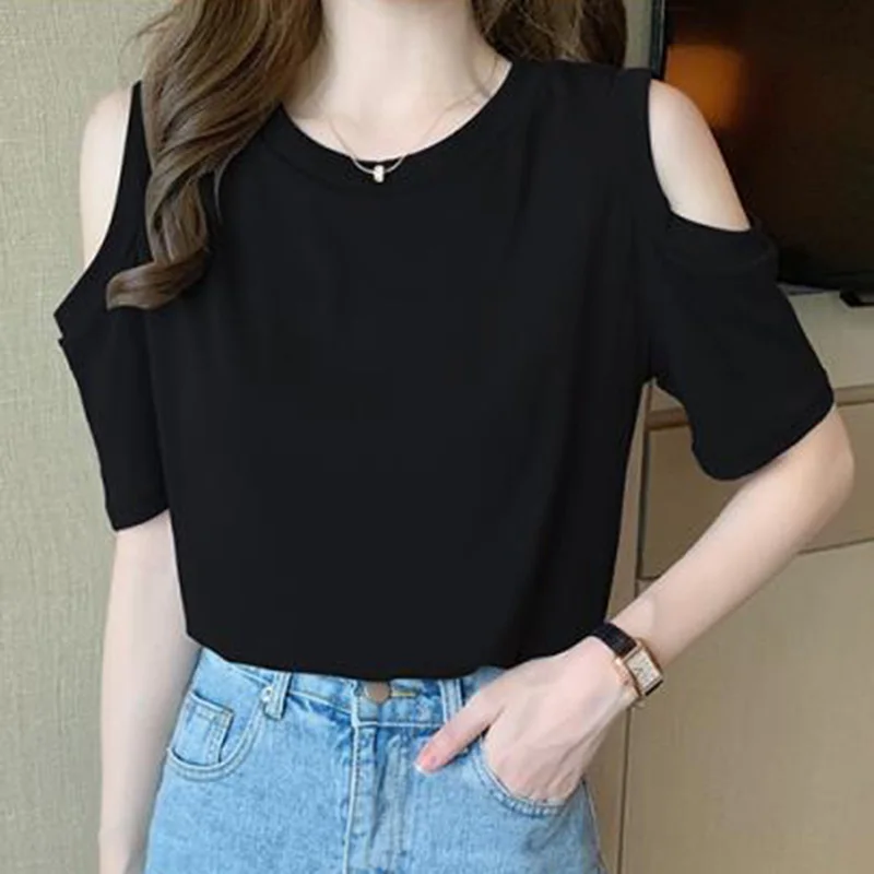 Stylish O-Neck Solid Color All-match Off Shoulder T-Shirt Female Clothing 2023 Summer New Casual Pullovers Tops Korean Tee Shirt