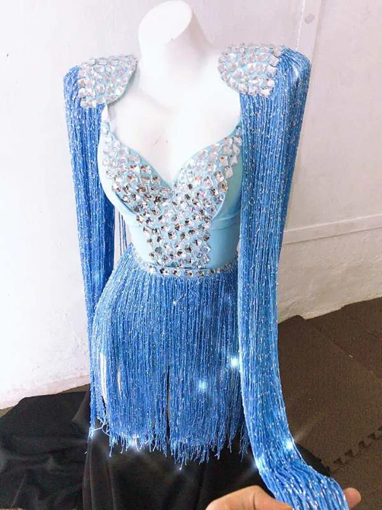 여성 블루 태슬 라인스톤 섹시 바디수트 가수 댄서 무대 의상 핑크 나이트클럽 바 파티 무대 의상 프린지 코스튬