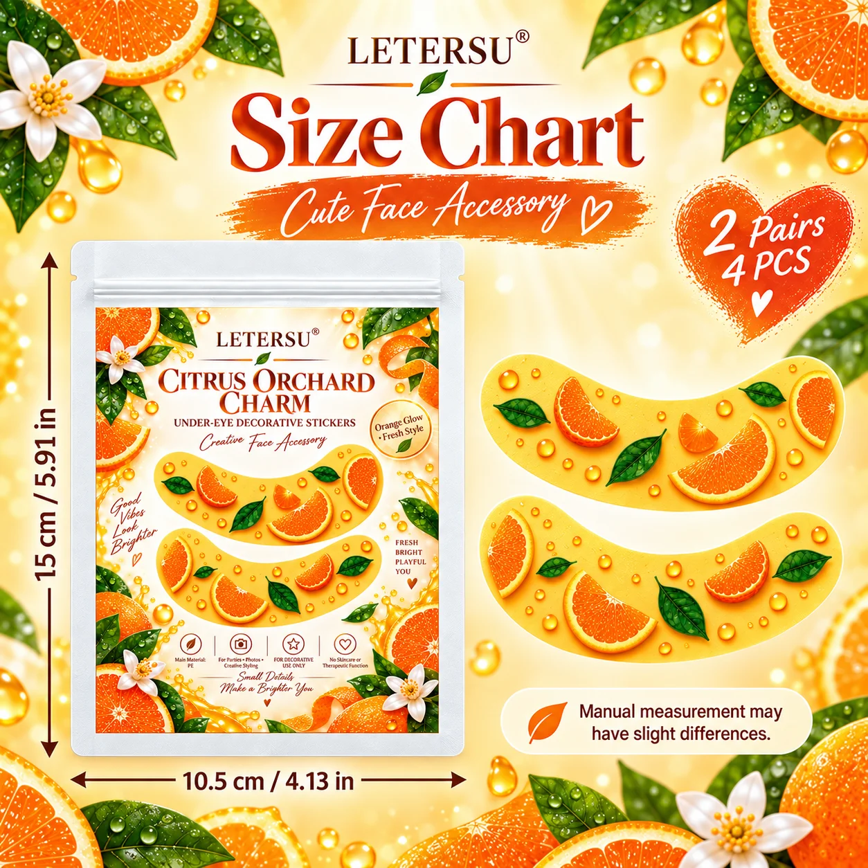4PCS Orange Print Under Eye Stickers, Cute Fruit Eye Patches, Summer Face Makeup Accessories for Women, Beach Party Festival Pho