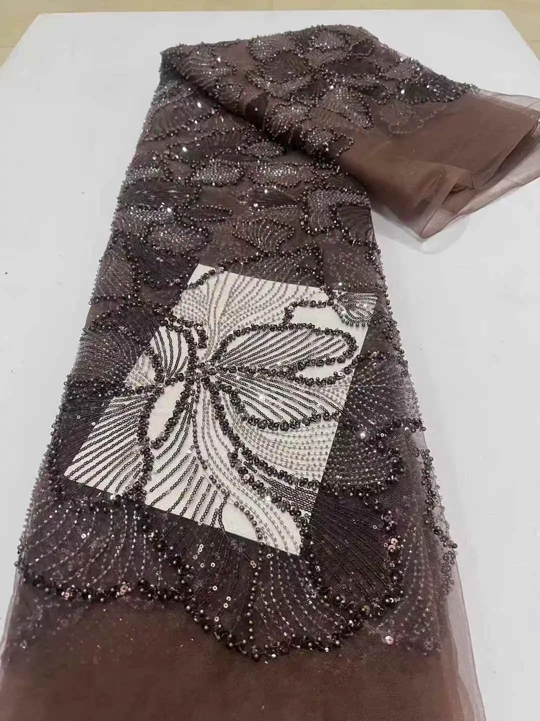 2025 Luxury African Tulle Lace Fabric with Bead Sequins French Nigerian Mesh Lace Fabrics for Women Dresses Sewing