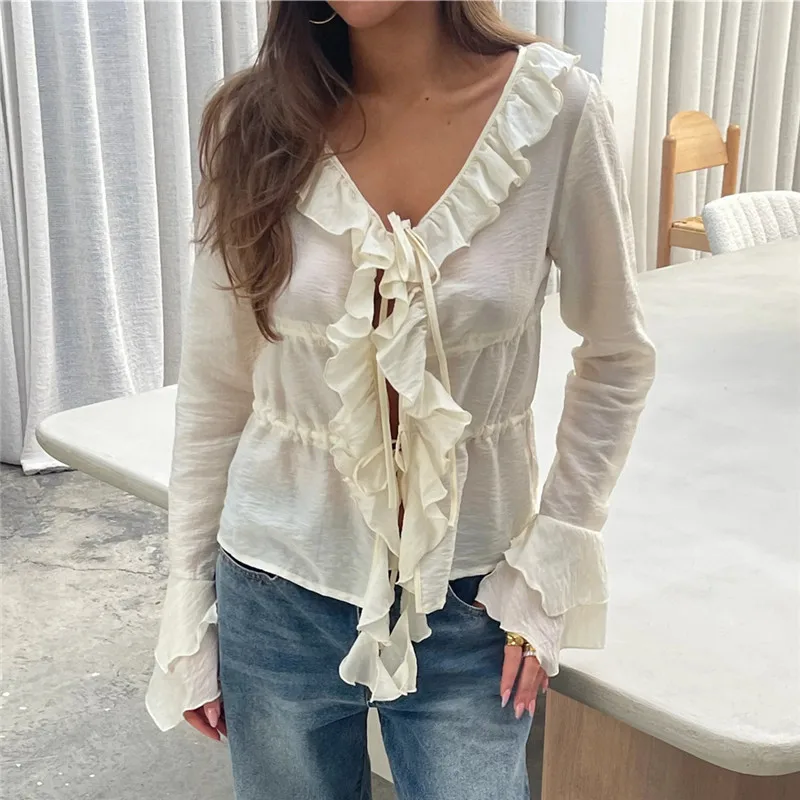 

Fairycore Top Women Gothic Ruffled V Neck T shirt Tie Front Flared Long Sleeve Ripped Blouse Shirt Y2k Aesthetic Clothing