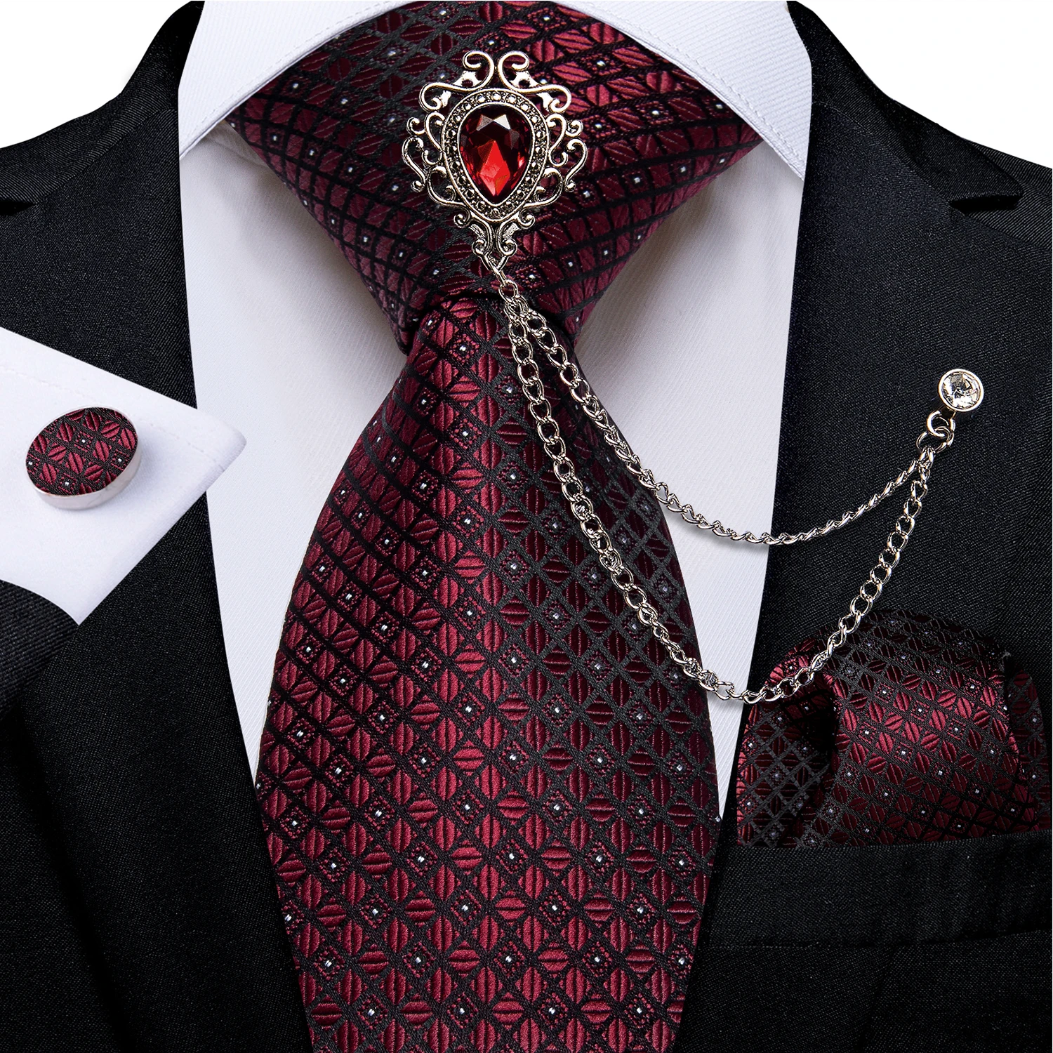 Corbatas de seda florales de Cachemira roja para hombre con broche de cristal de lujo, cadena de 8cm, corbata, pañuelo, conjunto de gemelos, accesorios de boda