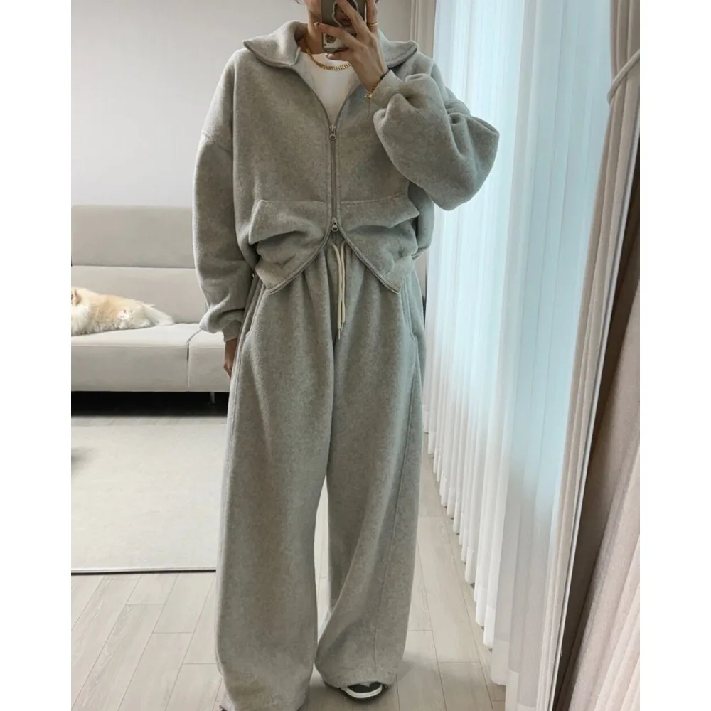 韓国風シックデザイン襟付き裏地付きスウェットトップス、伸縮性ウエストカジュアルワイドレッグパンツ、ツーピースセット、レディース服