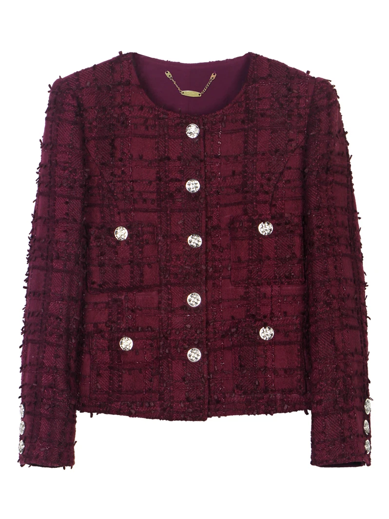 

Fashionable and elegant retro Ankola red new woven coarse woolen small fragrant round neck single breasted jacket