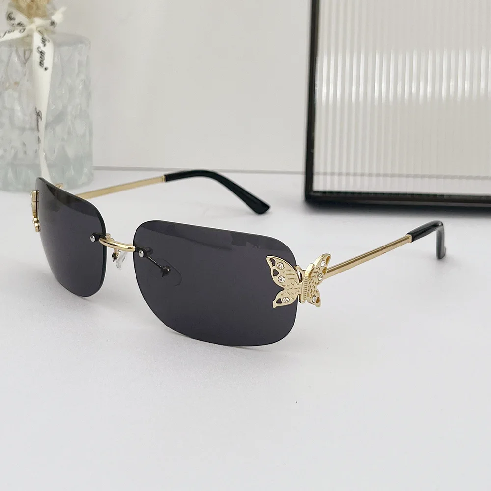 New Y2K Rimless Butterfly Square Sunglasses Women For Men Vintage Sun Glasses Luxury Brand Designer Steampunk Pink Shades UV400