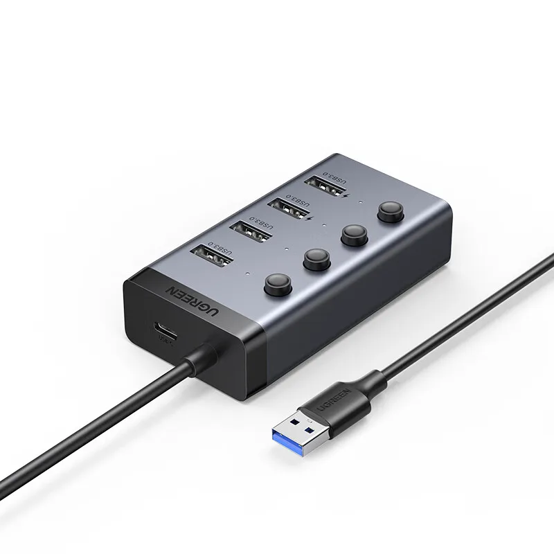 محور USB 3.0 يعمل بالطاقة UGREEN، محول USB ذو 7 منافذ مع 4 منافذ شحن ذكية، مقسم USB مع مفاتيح تشغيل/إيقاف LED فردية