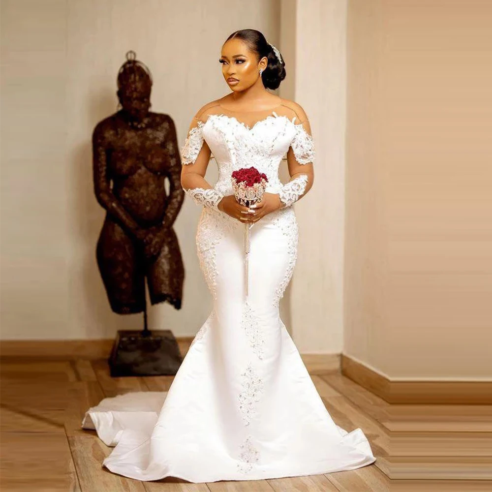 Mermaid Wedding Dresses With Sheer Neck Illusion Long Sleeves Bridal Gowns Lace Appliques Pearls Vestido De Noiva Robe فستا