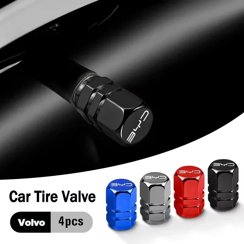 Metal Car Tire Valve Stem Caps 4Pcs For BYD Atto 3 Seal Dolphin Han Tang Song Yuan Dust‑Proof Anti‑Corrosion Wheel Exterior Acce