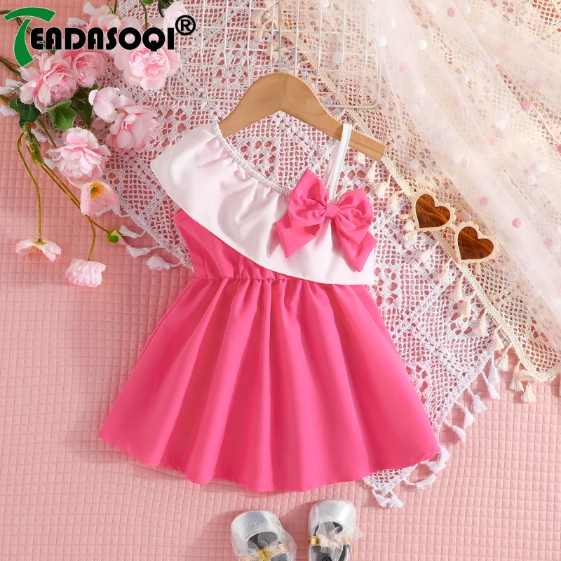 

Sweet Cute Todder Kids Dress For Girls 2024 Summer Sleeveless Off-the-shoulder Color-patchwork Suspenders Princess Dress 1-5Y