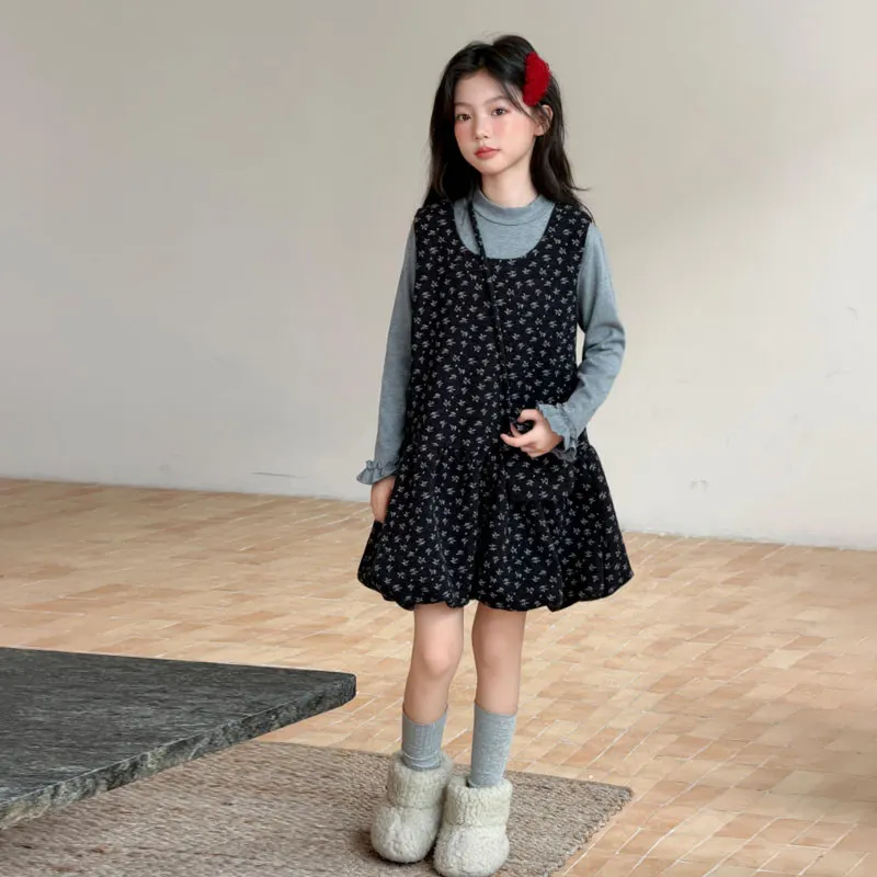 Girls Long Sleeve T-shirt and Sleeveless Bud Dress Flower Print with Bag Autumn Children Clothes Suit