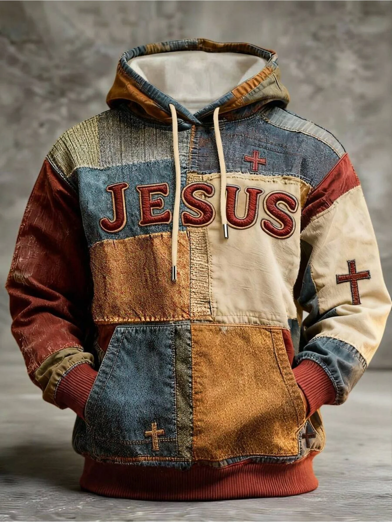 Mens Multi Color Patchwork Hoodie Soft Lined Raised Embroidery Slogan Small Cross Accent Minimal Casual Sweat Top
