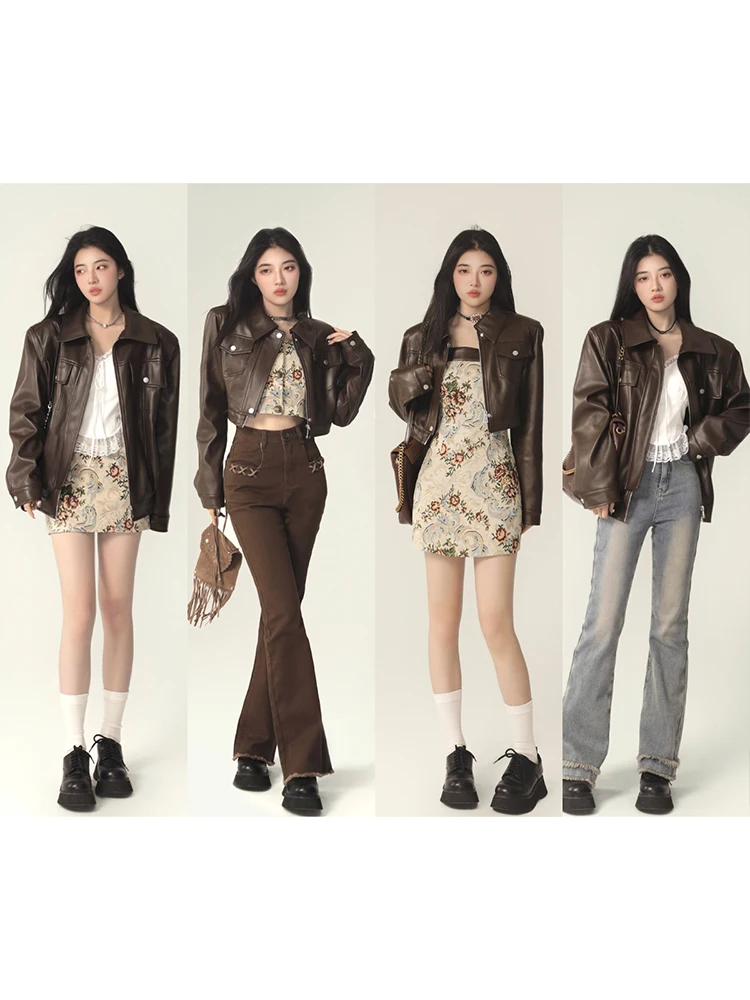 Cool Girl Attitude ort Pelle marrone Jaet Donna Autunno Taglia piccola trapuntata in pelle PU Top da pendolarismo Sle Lunga cerniera sve