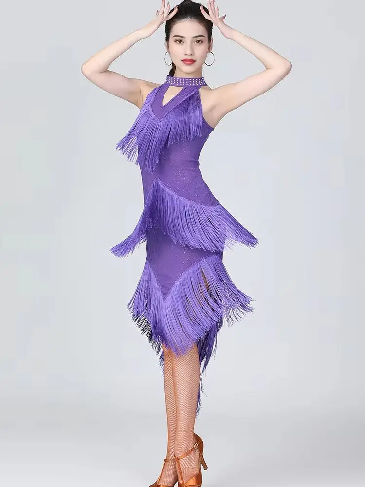 Women's Ballroom Latin Tango Salsa Dance Dress High Low Swallowtail Fringe Skirt Dance Costume view 5