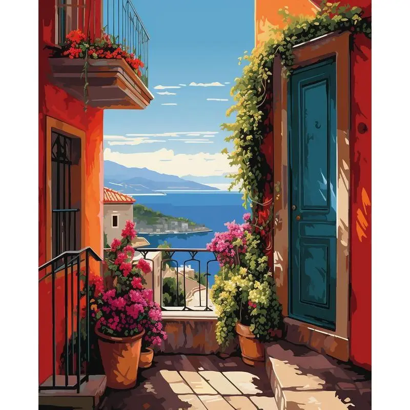 

RUOPOTY Painting by Number Kit Hand Multicolor Colours Terrace Scenery Landscape DIY Acrylic Artwork Art Gift Home Decoration