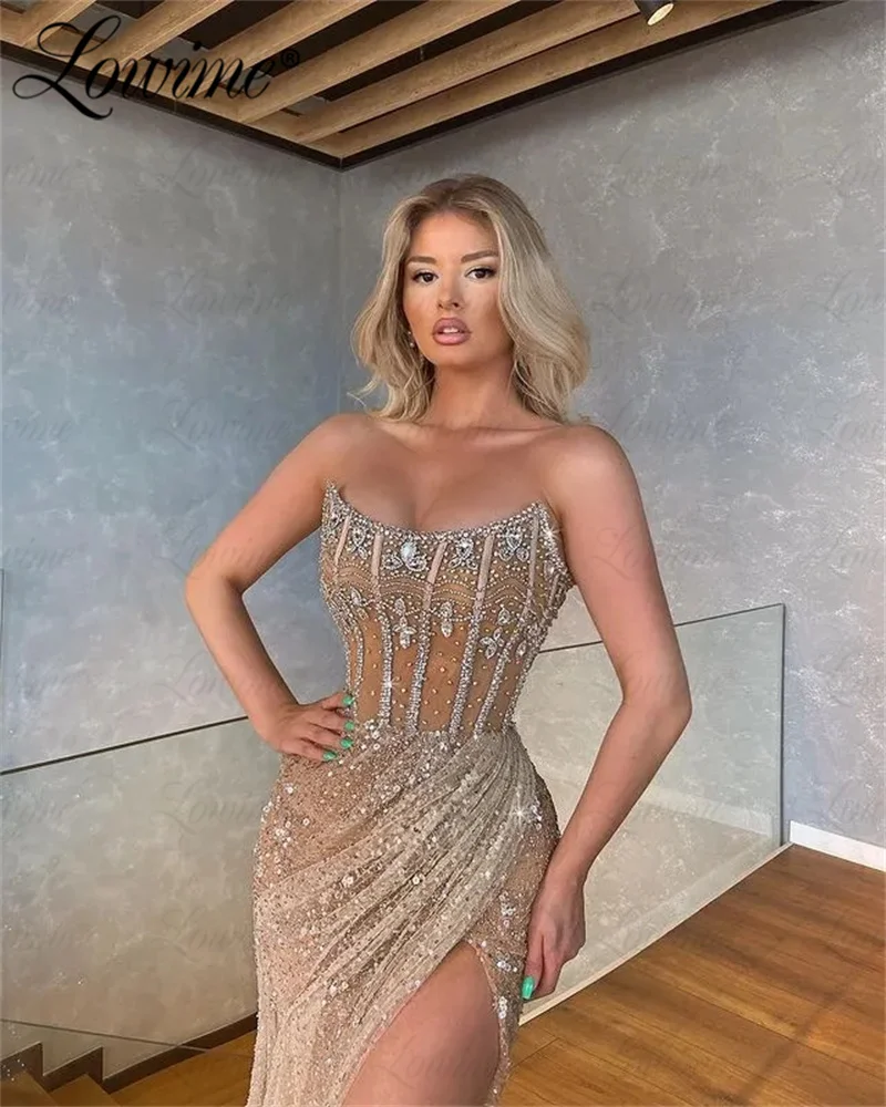 Hot Sexy Champagne Party Dresses Strapless With High Split Side Women Prom Dress Customize Crystals Floor Length Evening Gowns