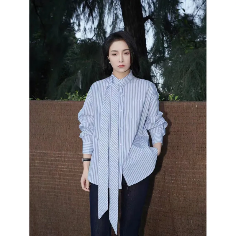 Women Bow Tied Blue Striped Shirts Spring Single Breasted Loose Long Sleeve Pure Cotton Blouse Tops