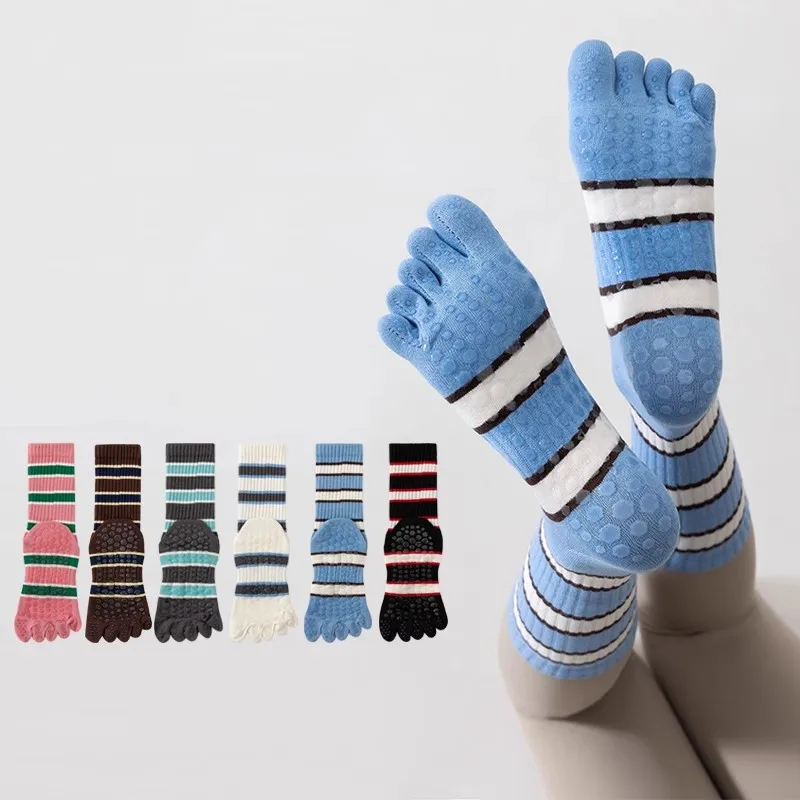 

Силиконовые нескользящие носки для йоги, вязаные хлопковые полосатые носки для пилатеса, женские профессиональные спортивные носки с пятью пальцами для тренажерного зала, фитнеса, танцев