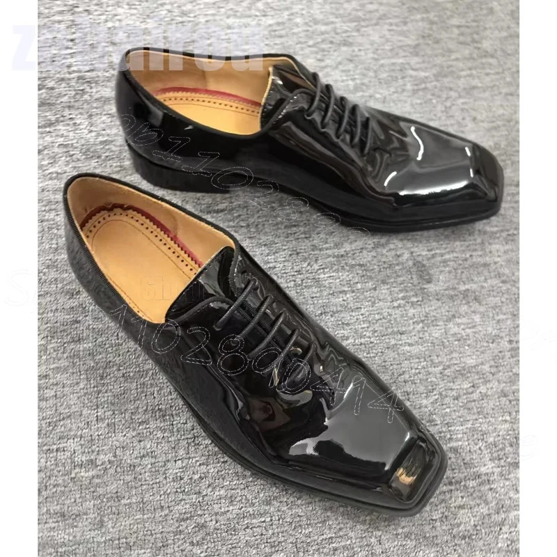 Zwarte vierkante neus lakleer loafers met bandjes mode slip op heren schoenen luxe handgemaakte feestbanket kantoor herenkleding schoenen