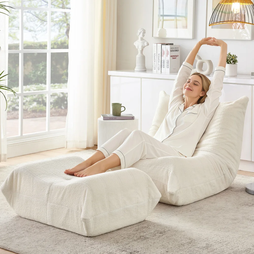 Canapé paresseux avec dossier et repose-pieds, fauteuil relaxant, fauteuil de lecture au sol en fourrure de teddy douce, canapé de sol confortable pour une personne