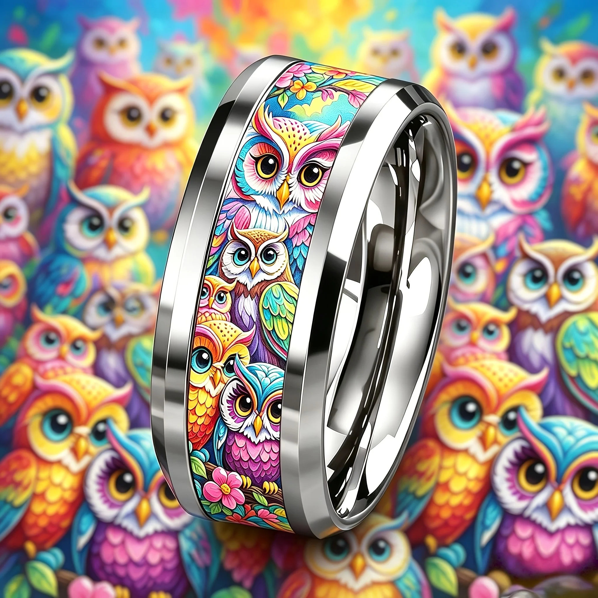 Boho Cute Cartoon Owl Family Flower Pattern Stainless Steel Ring For Women Vintage Style Stackable Finger Ring Statement Jewelry