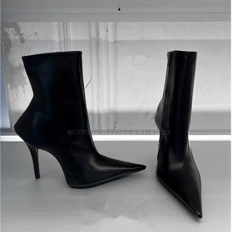 2023 New in Designer Black Letaher Ankle Boots Women Pointed Toe Stilettos Luxury Zipper Boots Party Everyday Shoes on Offer