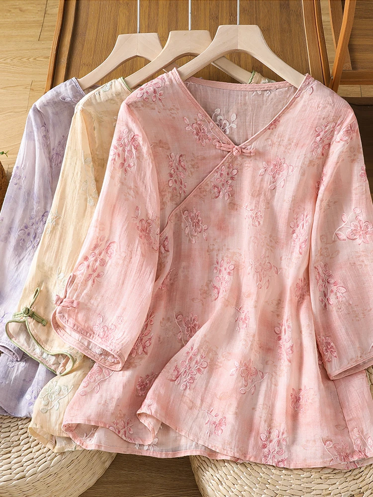 

High-End plus Size Women's Vintage Print Loose V-Neck Shirt Versatile Artistic Style Floral Pattern Seven-Quarter Sleeve Blouse