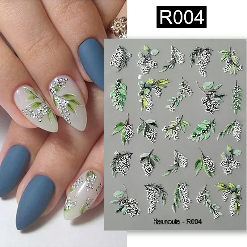 Harunouta 5D Embossed Nail Stickers White Lily of the Valley Tulip Leaves Lines Gel Polish Decals Wedding Flower Engraved Slider