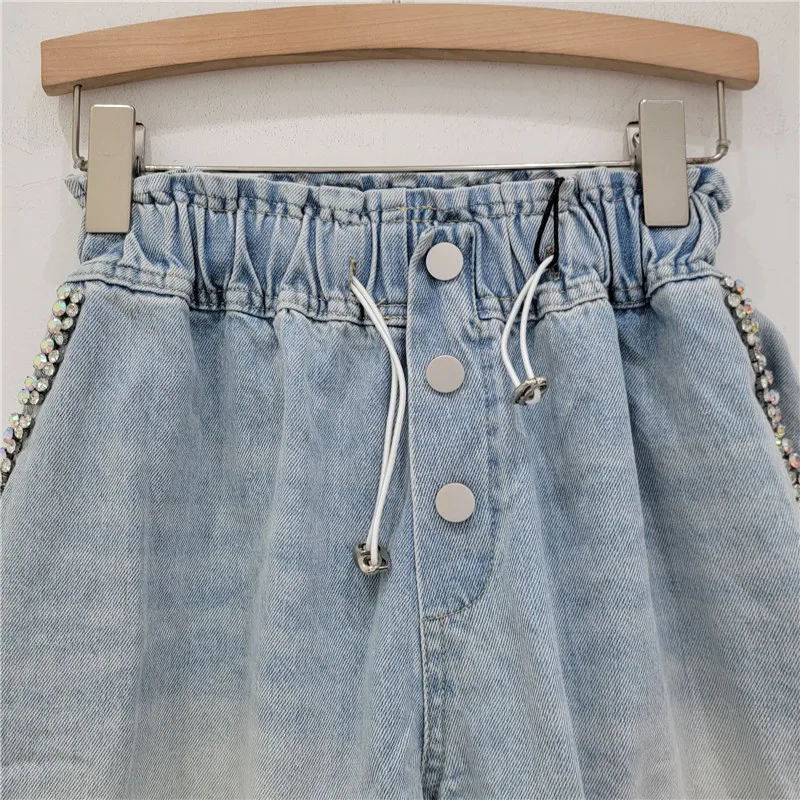 Shorts Women Denim Short Pants Diamonds Elastic Waist Drawstring Button Summer Streetwear Vintage Washed Distressed Jeans