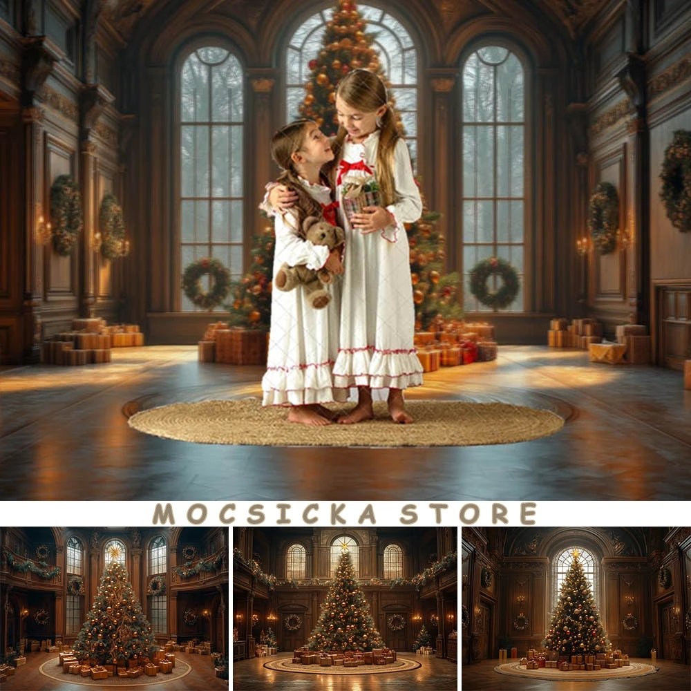 

Mocsicka Christmas Tree Backdrop for Photography European Retro Gold Castle Interior Gift Box Children Portrait Photo Background