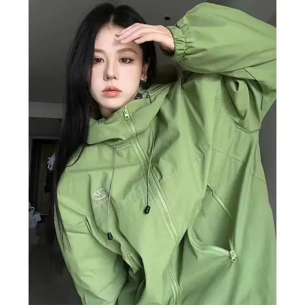 

Korean Style Women's Hooded Jacket Coat Autumn Green Loose Harajuku BF Long Sleeve Elegant Fashionable Top for Ladies