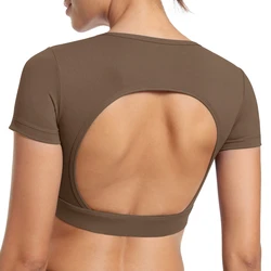 Workout Crop Tank Top for Women Backless Yoga Tank Tops Athletic Sports Shirts Short Sleeve Padded Exercise Fitness Undershirts