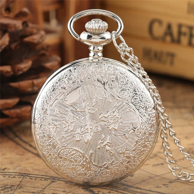 Silver Hollow Out Flower Case Men Women Quartz Pocket Watch Roman Number Dial with Necklace Pendant Chain Timepiece