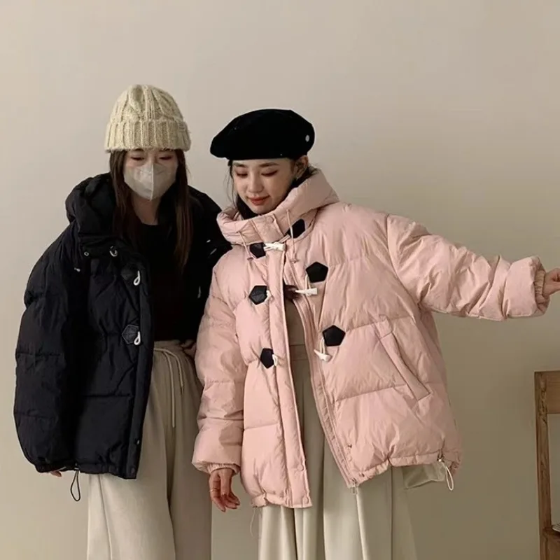 

2024 Winter New Women Tops Parkas Korean Fashion Hooded Long Sleeve Horn Buckle Casual Loose Female Parkas Coats Clothing