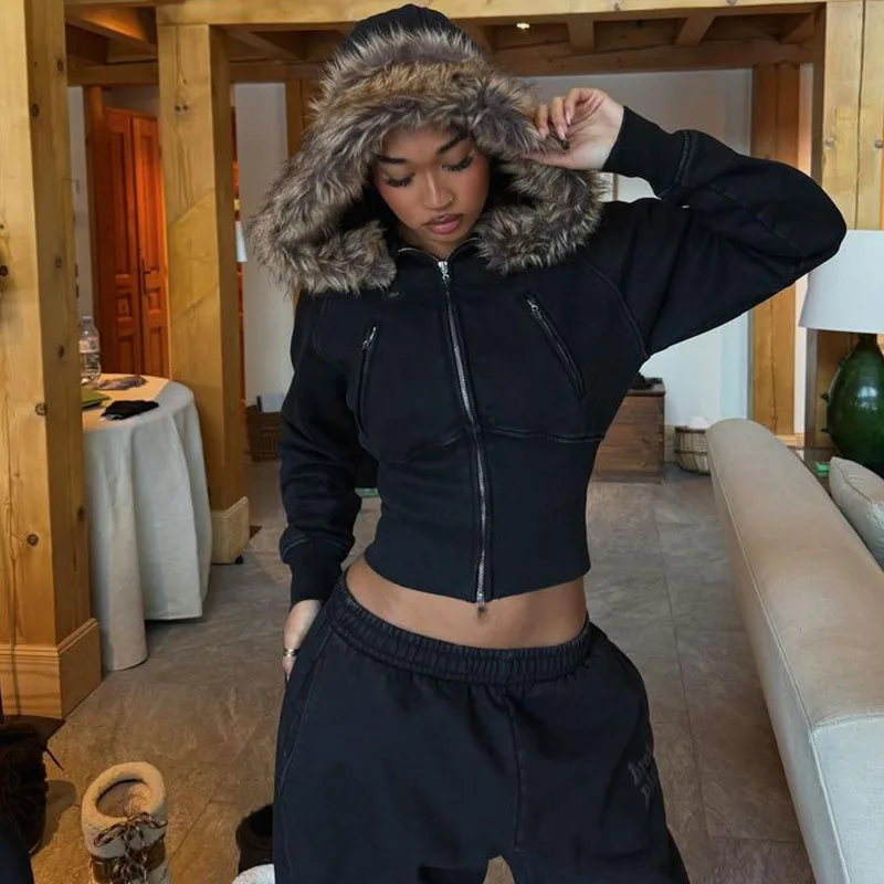 Europe American Solid Color Dark Gothic Plush Brim Hoodies Slim 2000s Autumn Navel Sexy Spicy Girl Long Sleeve Zipper Short Coat