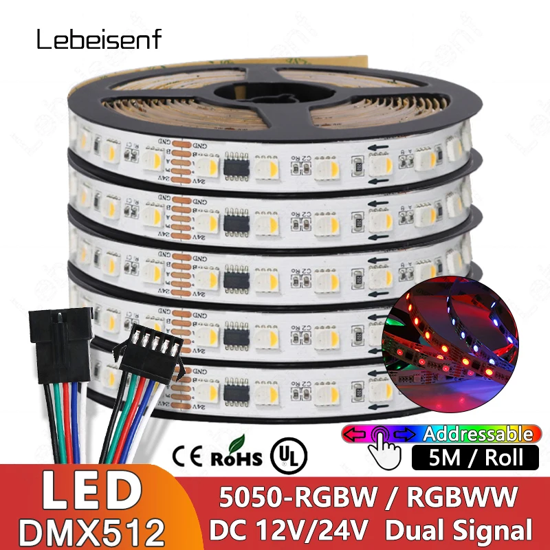 

DMX Addressable DMX512 LED Pixel Light Strip RGBW RGBWW 4 in 1 SMD 5050 External IC TM512AC DC 12V 24V 60LEDs/M 5M IP20 65 67 68