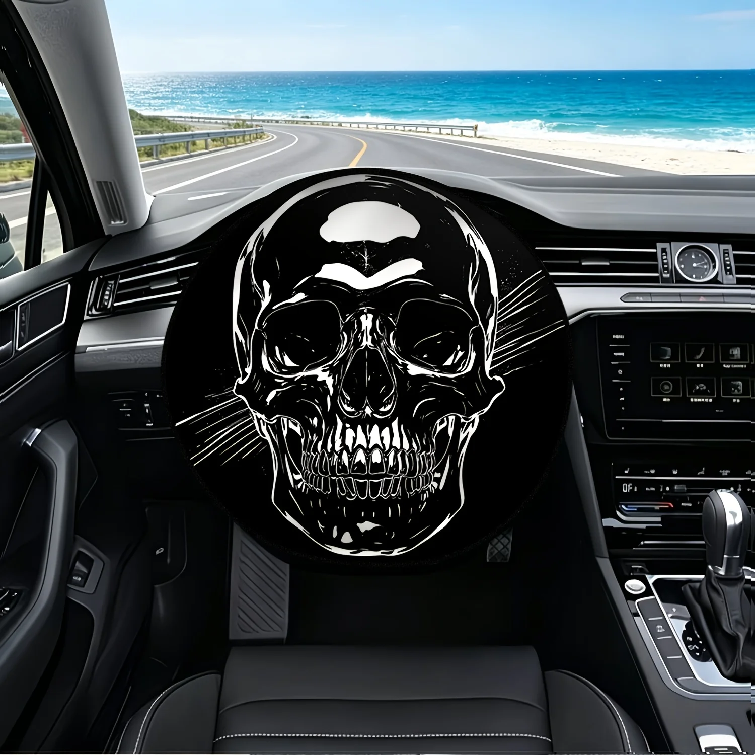 1pc White Line Drawing Skull Steering Wheel Sunshade, Sunscreen And Insulation, Summer Car Interior Essential, Enhancing Driving