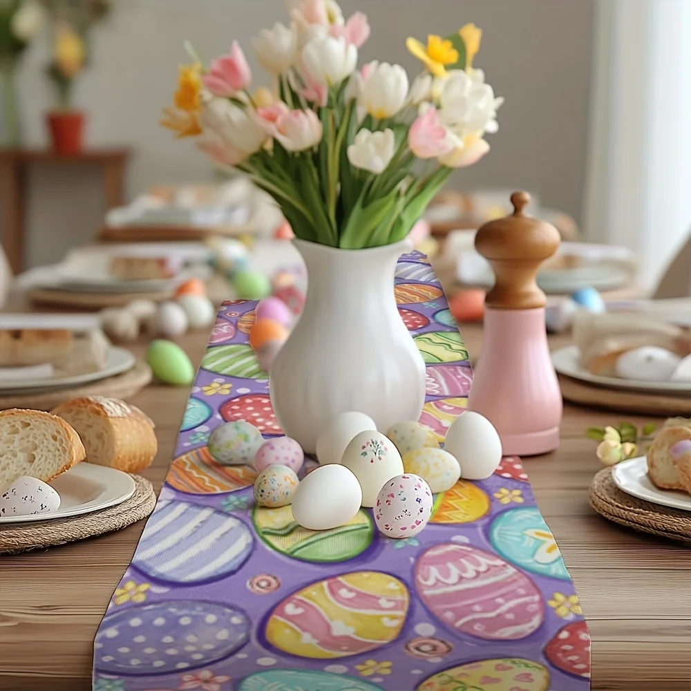 1 Easter Egg Pattern Table Runner 2D Single Print Vibrant Wrinkle Tabletop Decoration Easter Party Family Meal Home Kitchen Use